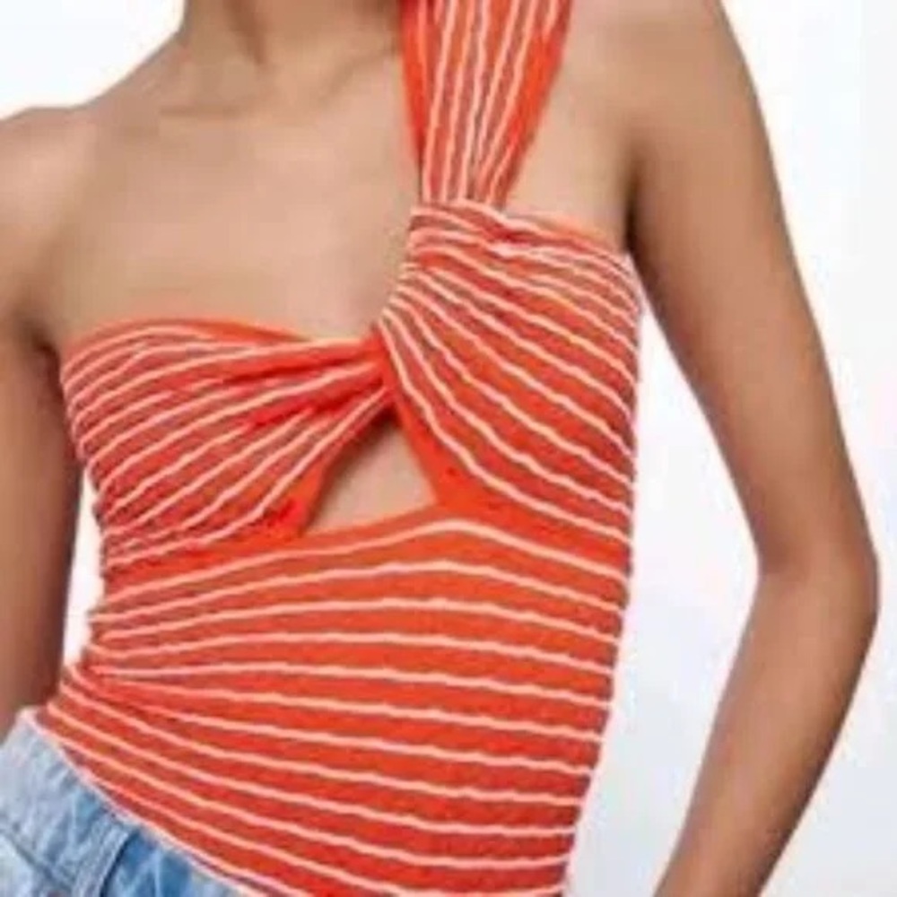 ZARA orange and white striped asymmetrical knit crop top cut-out 90’s Y2K